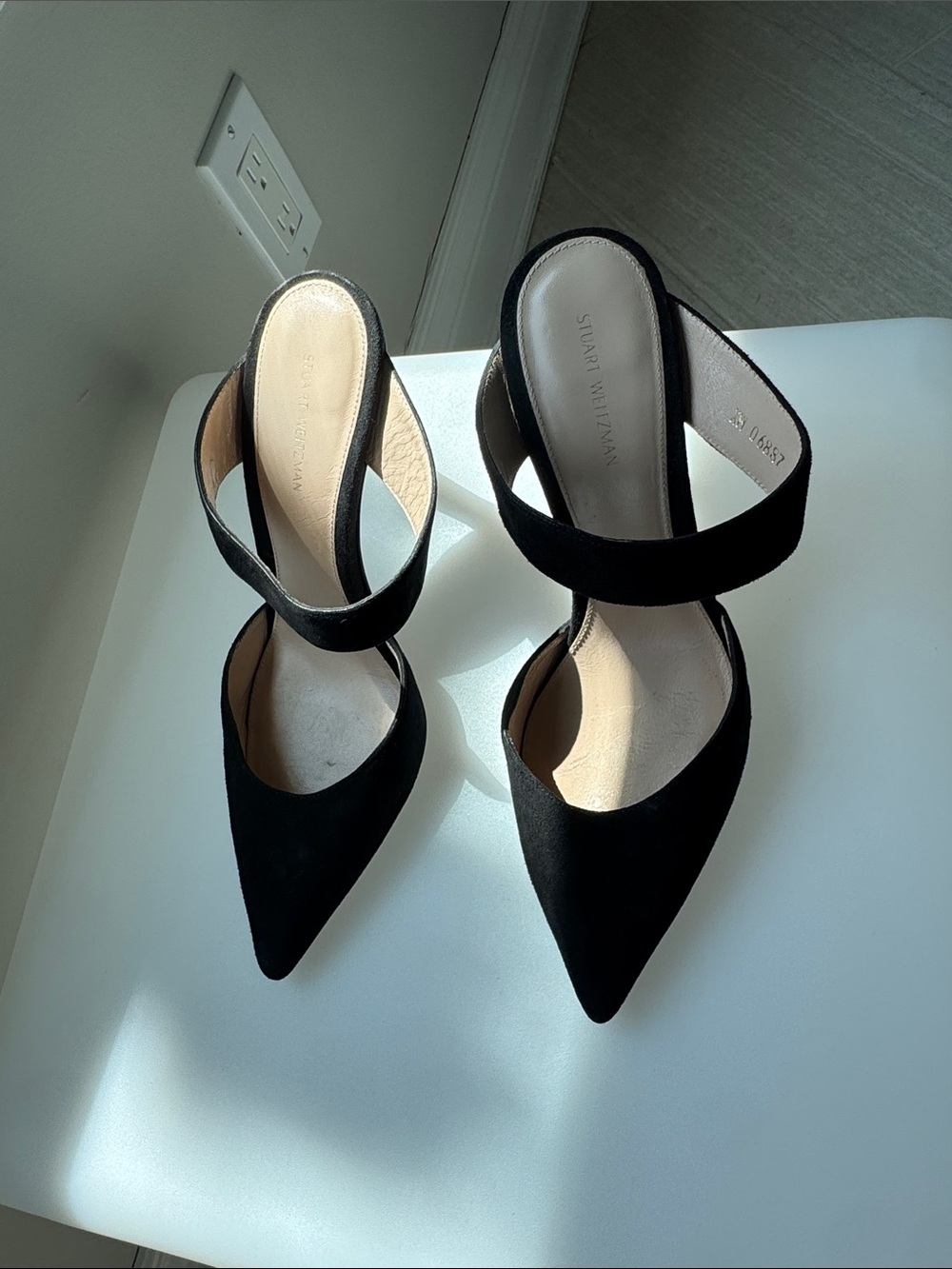 Stuart Weitzman Black Pointed Strap Mules